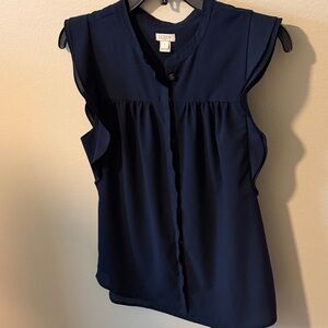 J. Crew Navy Ruffle Cap-Sleeve Button Front Blouse
